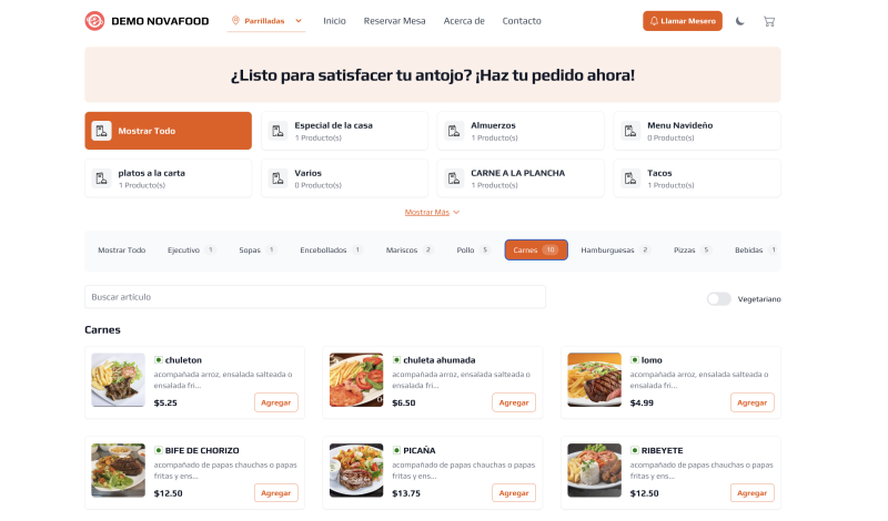 Sitio de pedidos propio de un restaurante en Novafood, con el menú y el carrito de compra